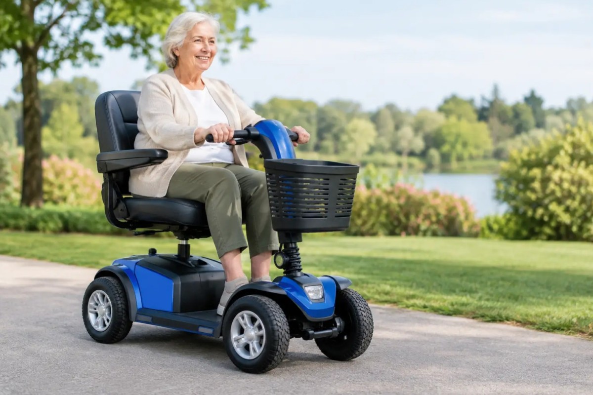Woman riding a blue mobility scooter on a sidewalk